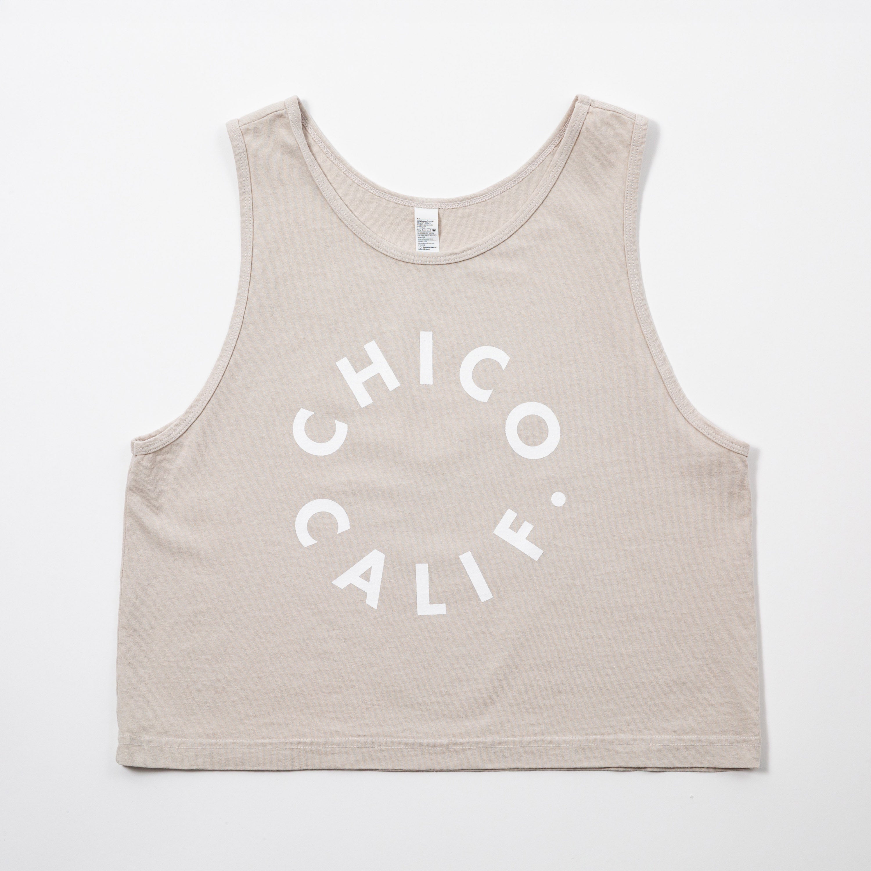 Chico Women's Tank Top - Upper Park Clothing - Beige tank top with 'Chico Calif' text on a white background