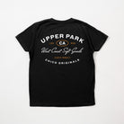 Black t-shirt with 'Upper Park' branding on a white background