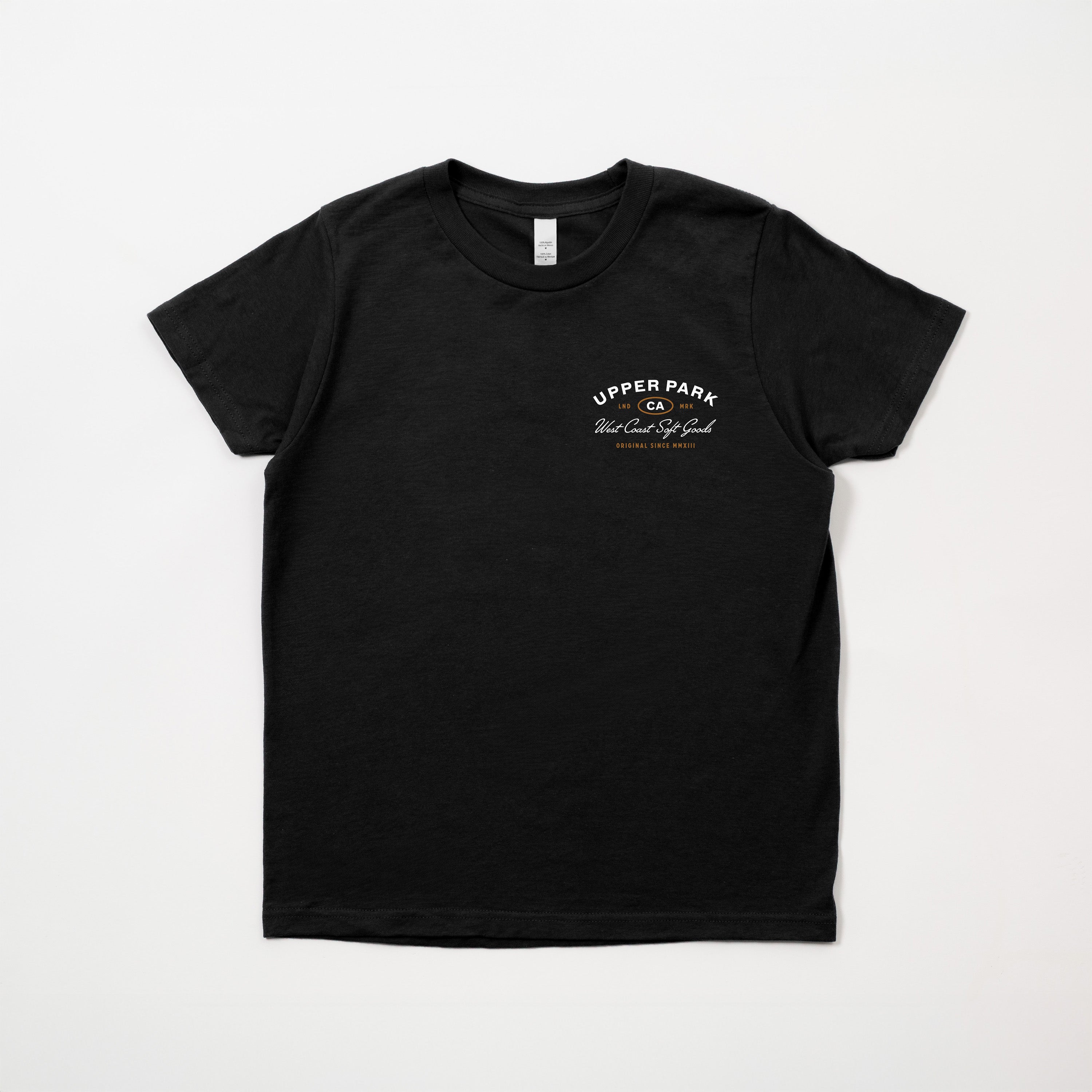 Black t-shirt with a white logo on a white background