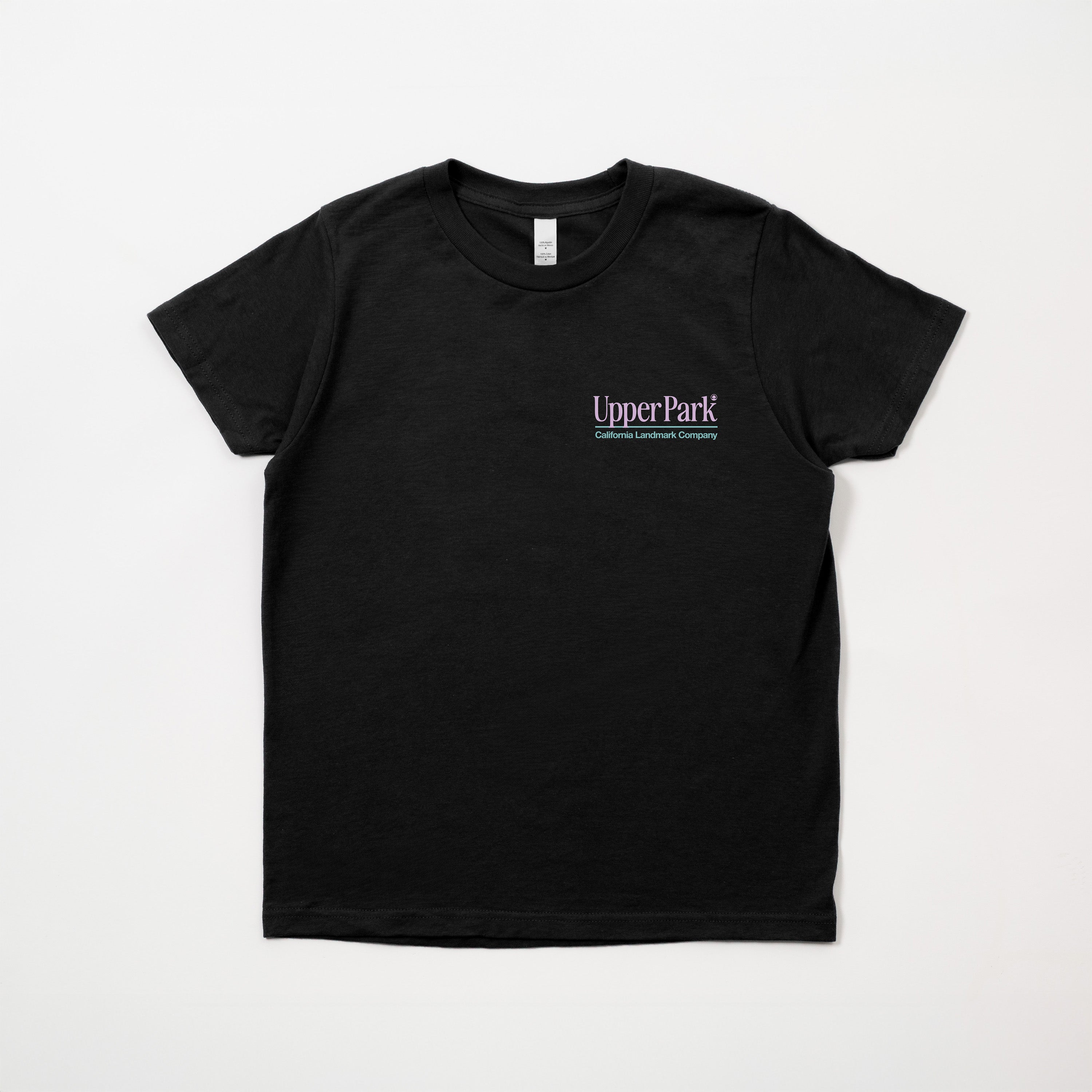 Black t-shirt with 'Upper Park' logo on a white background