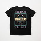 Black t-shirt with 'Upper Park Landmark' text and design on a white background