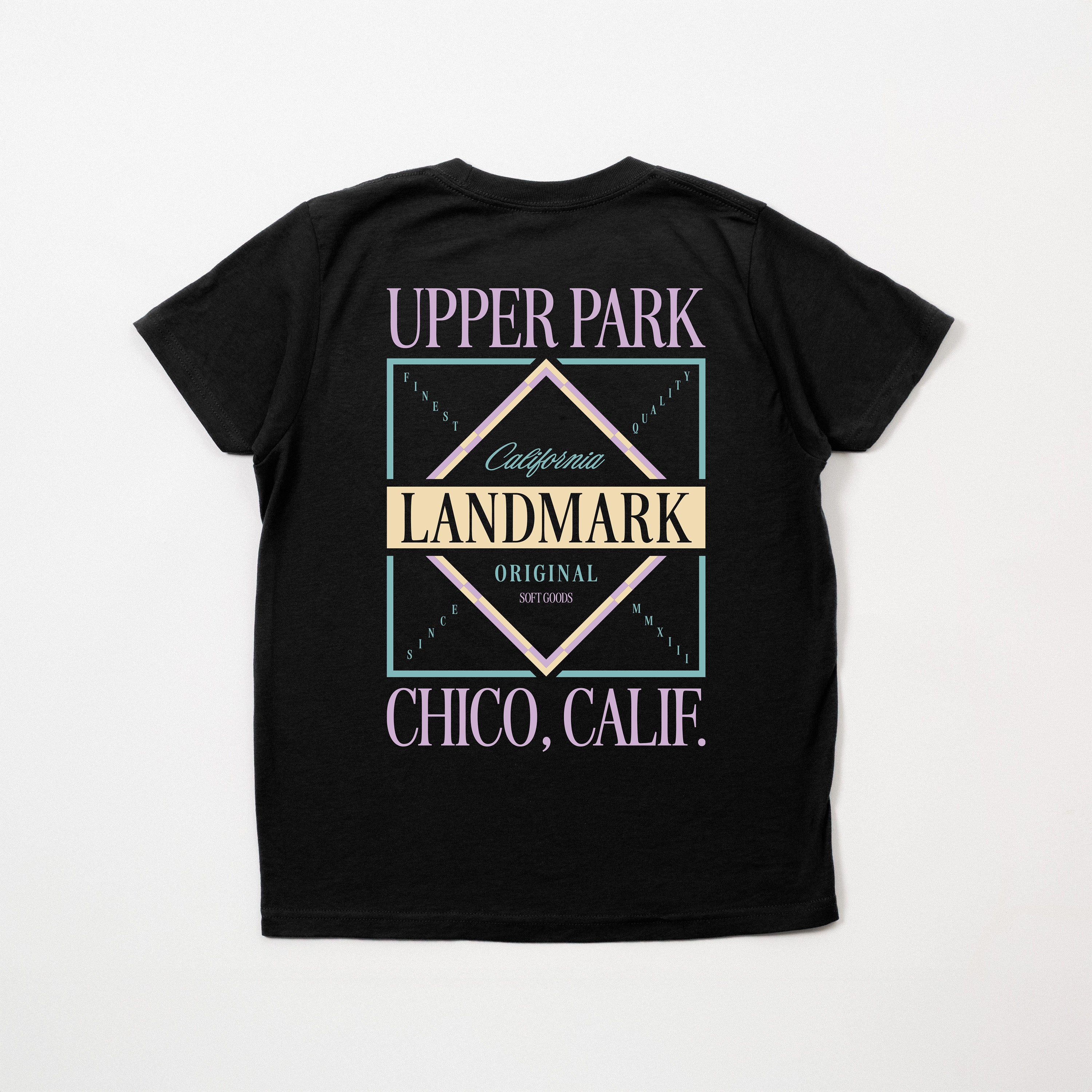Black t-shirt with 'Upper Park Landmark' text and design on a white background