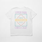 White t-shirt with colorful graphic and text on a white background