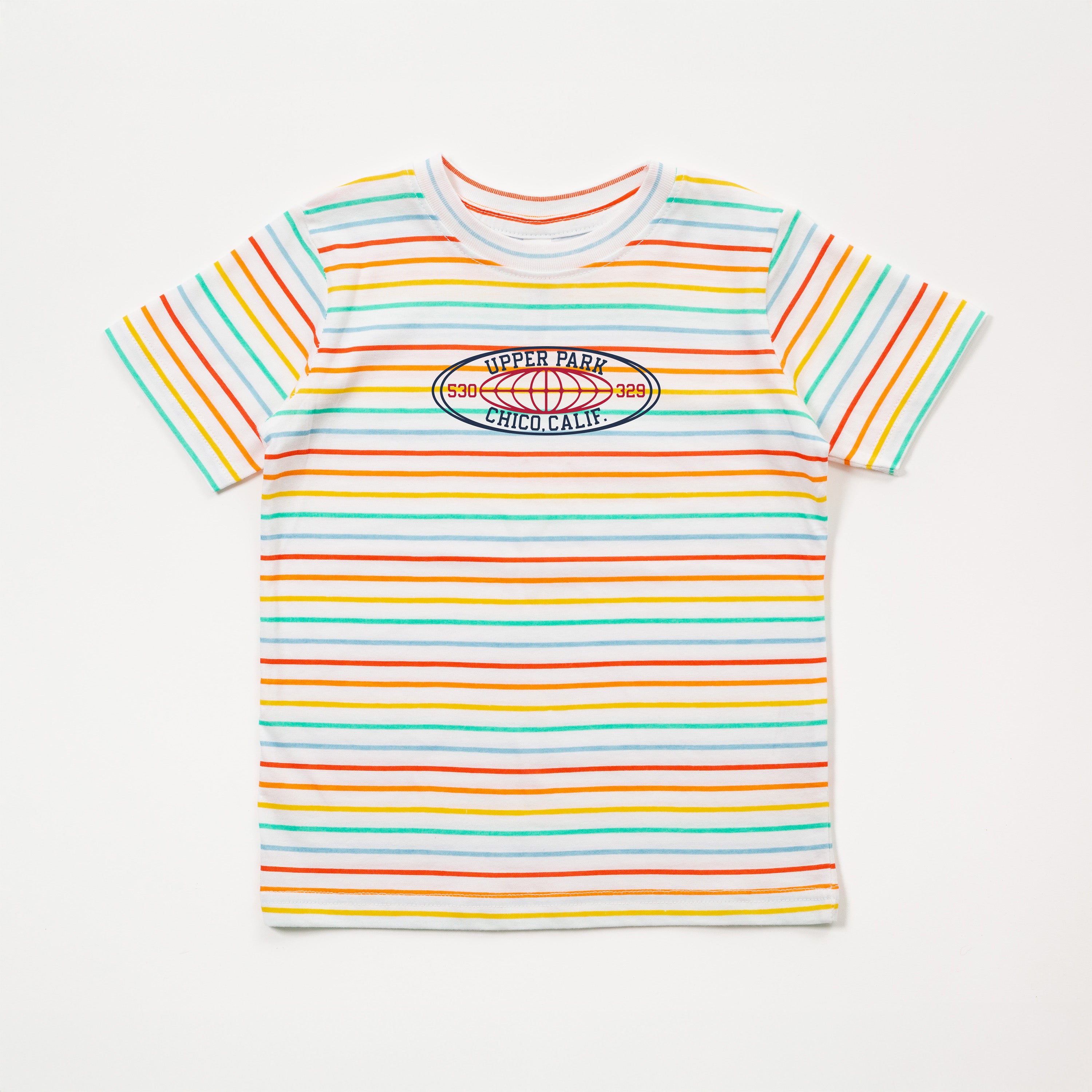 Rainbow Stripe toddler tee laying flat on a grey background - 90s vintage style kids shirt