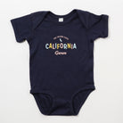 Navy blue baby onesie with 'California Grown' text on a white background - Upper Park Baby Onesie California Collection