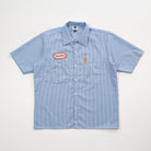 Blue striped shirt with a logo on a white background