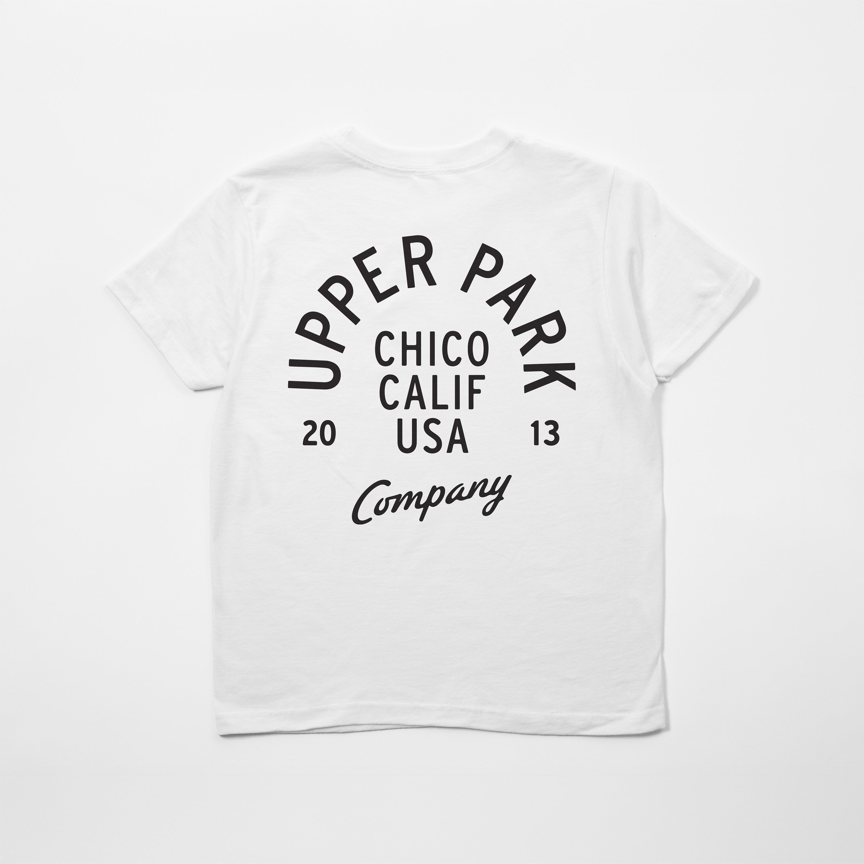 White t-shirt with black text on a white background