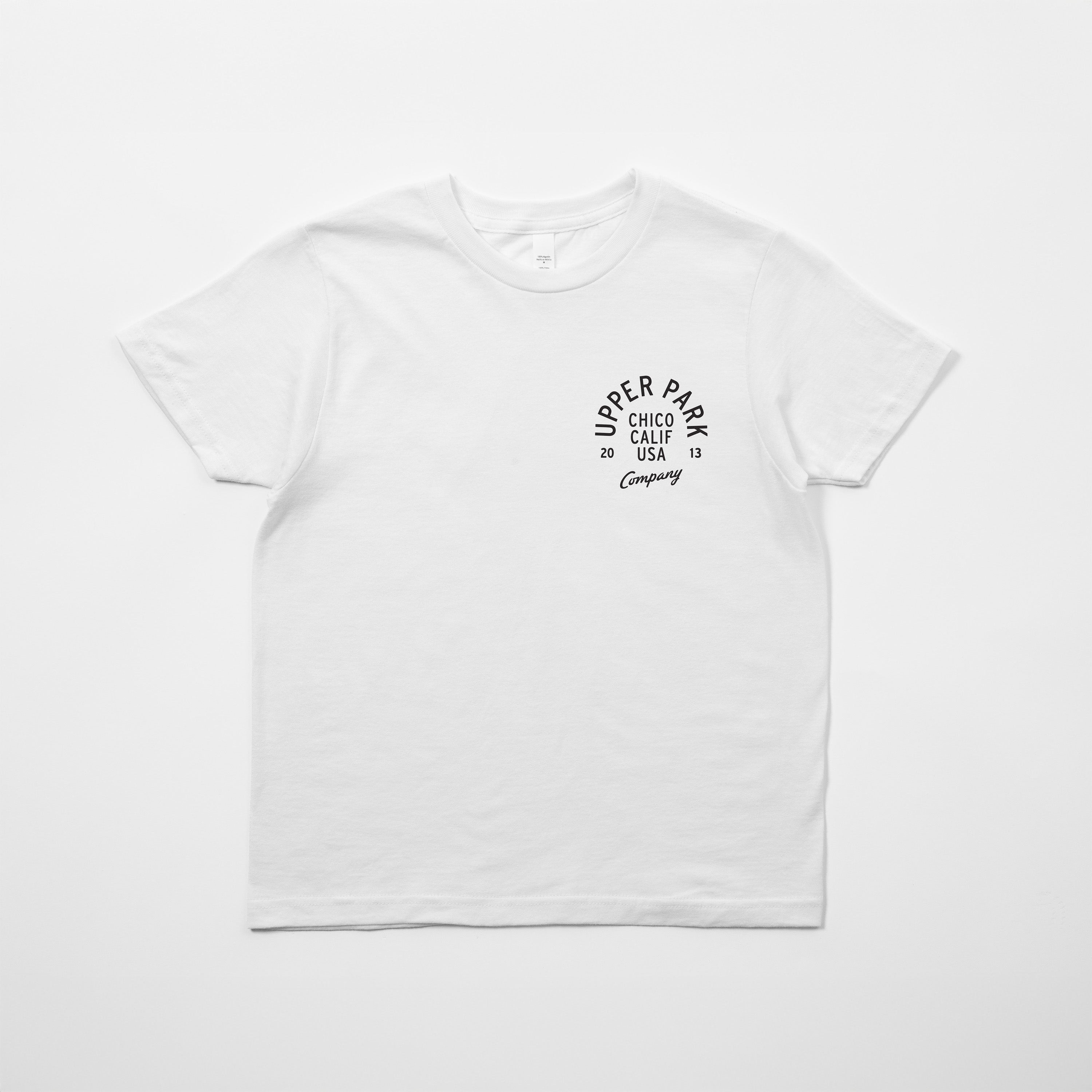Upper Park shirt - white tee with left chest graphic that says Upper Park
