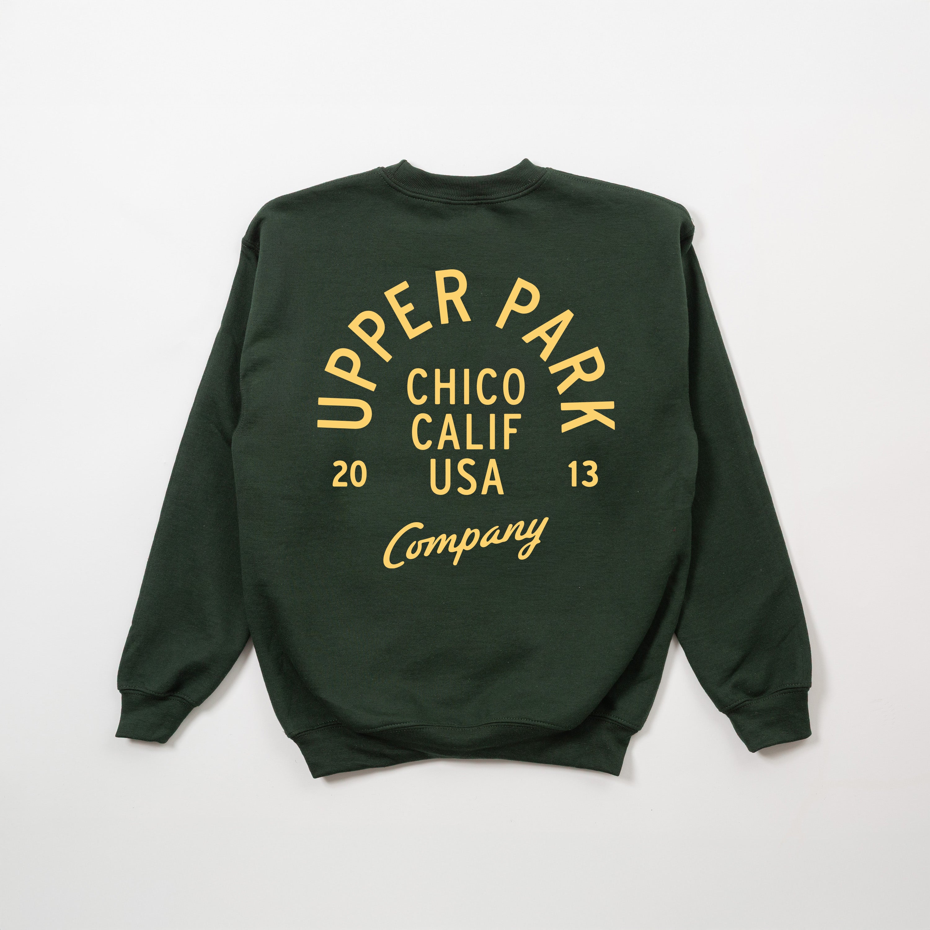 Green sweatshirt with yellow Upper Park on a white background