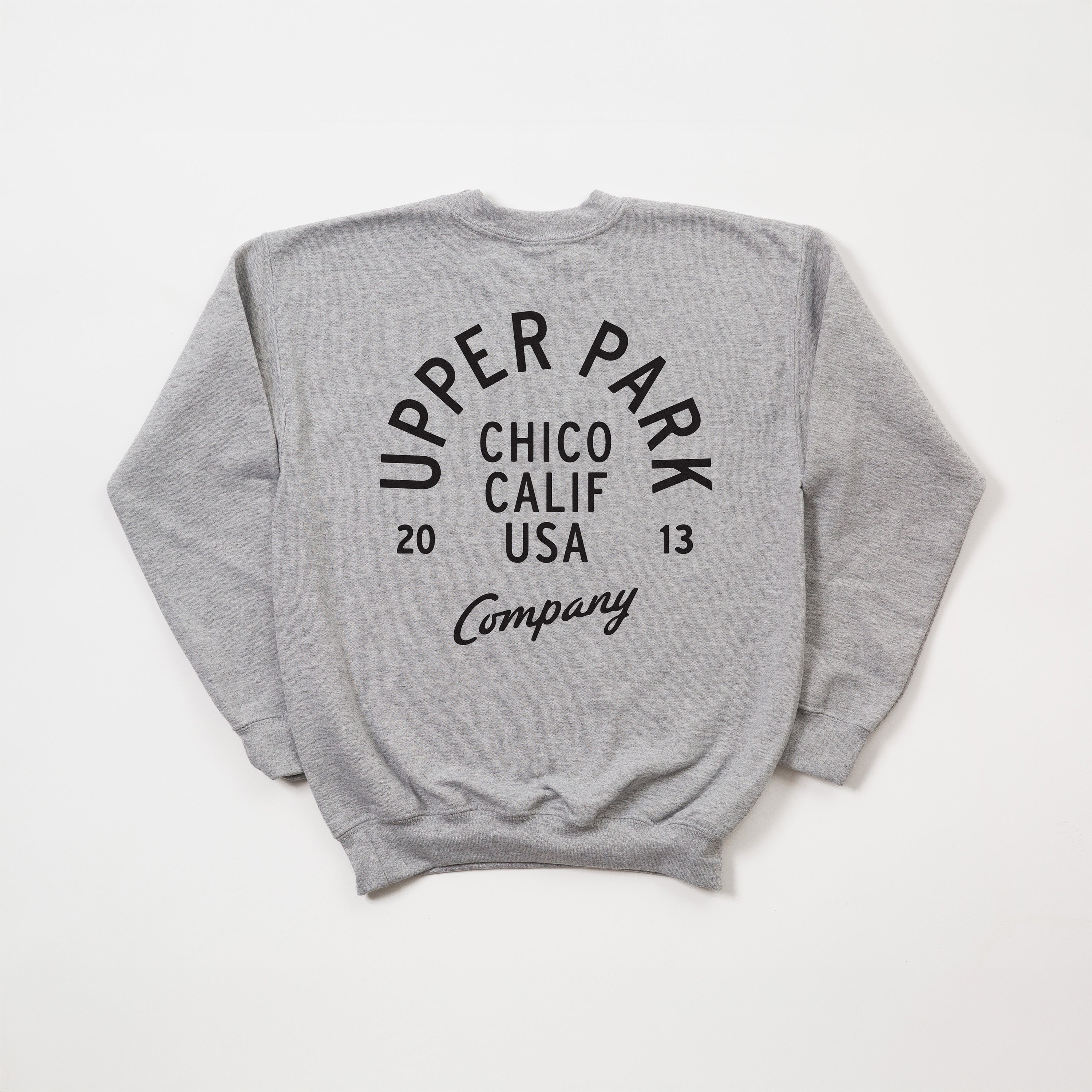 Gray sweatshirt with black text on a white background