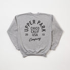 Gray sweatshirt with black text on a white background