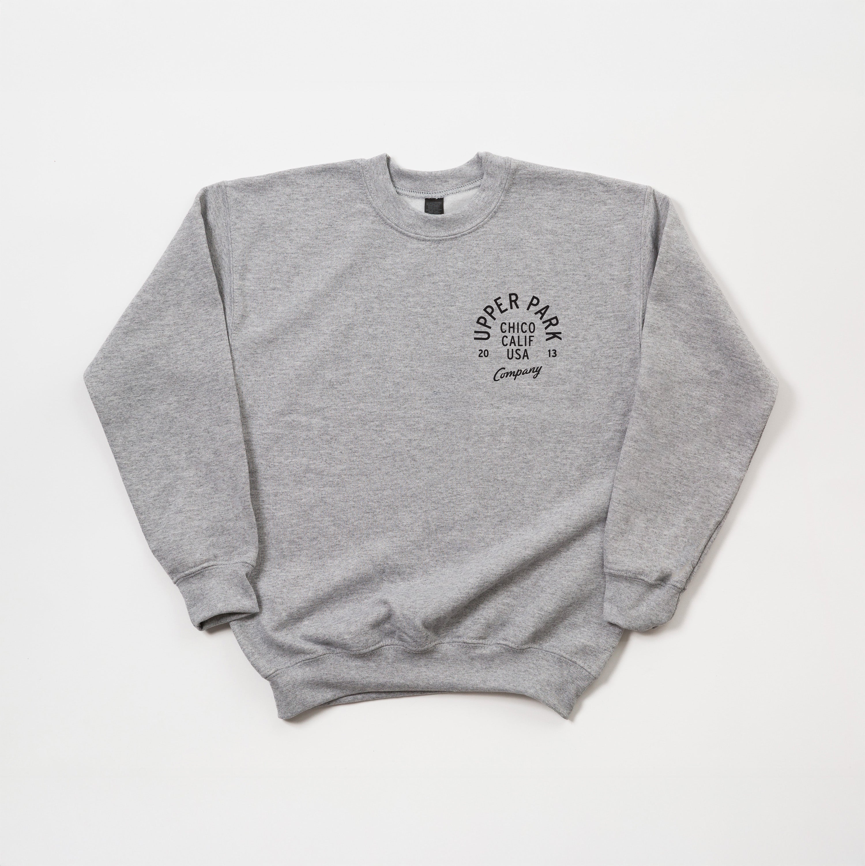 Gray sweatshirt with a logo on a white background
