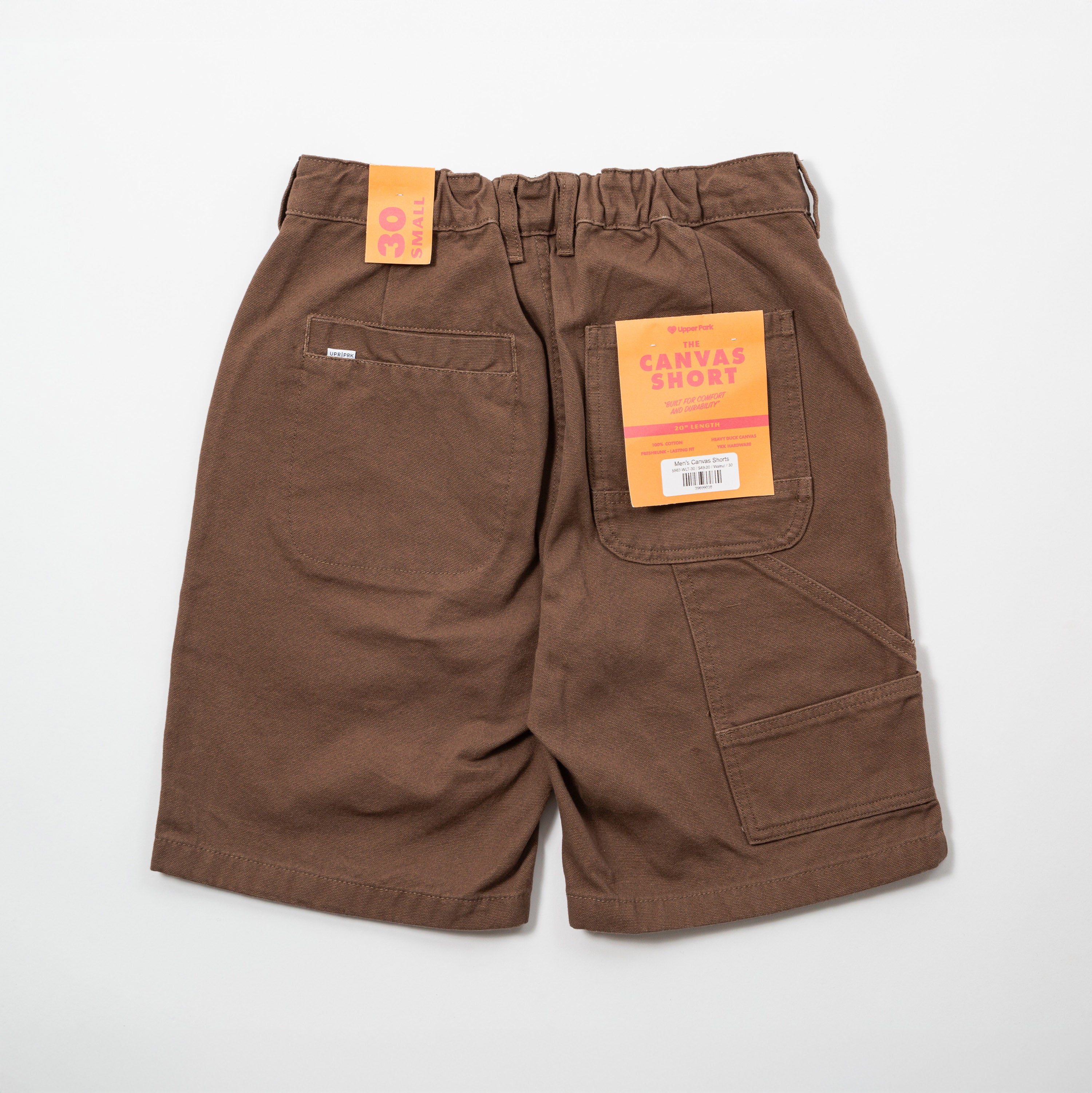 Men's Shorts Heavy Duck Canvas - Upper Park Clothing - Backside of Brown canvas shorts with tags on a white background
