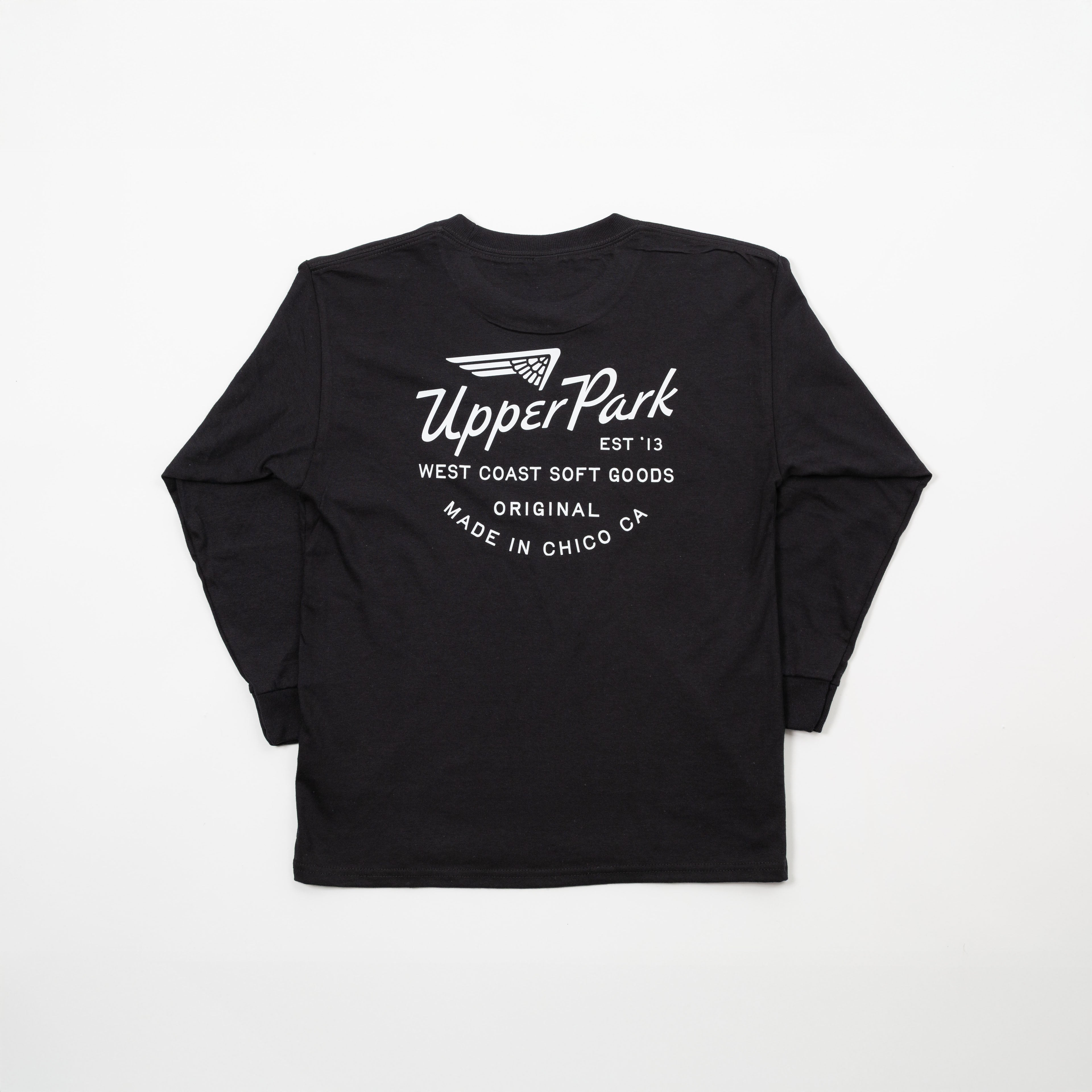 Black long-sleeve shirt with 'Upper Park' logo on a white background