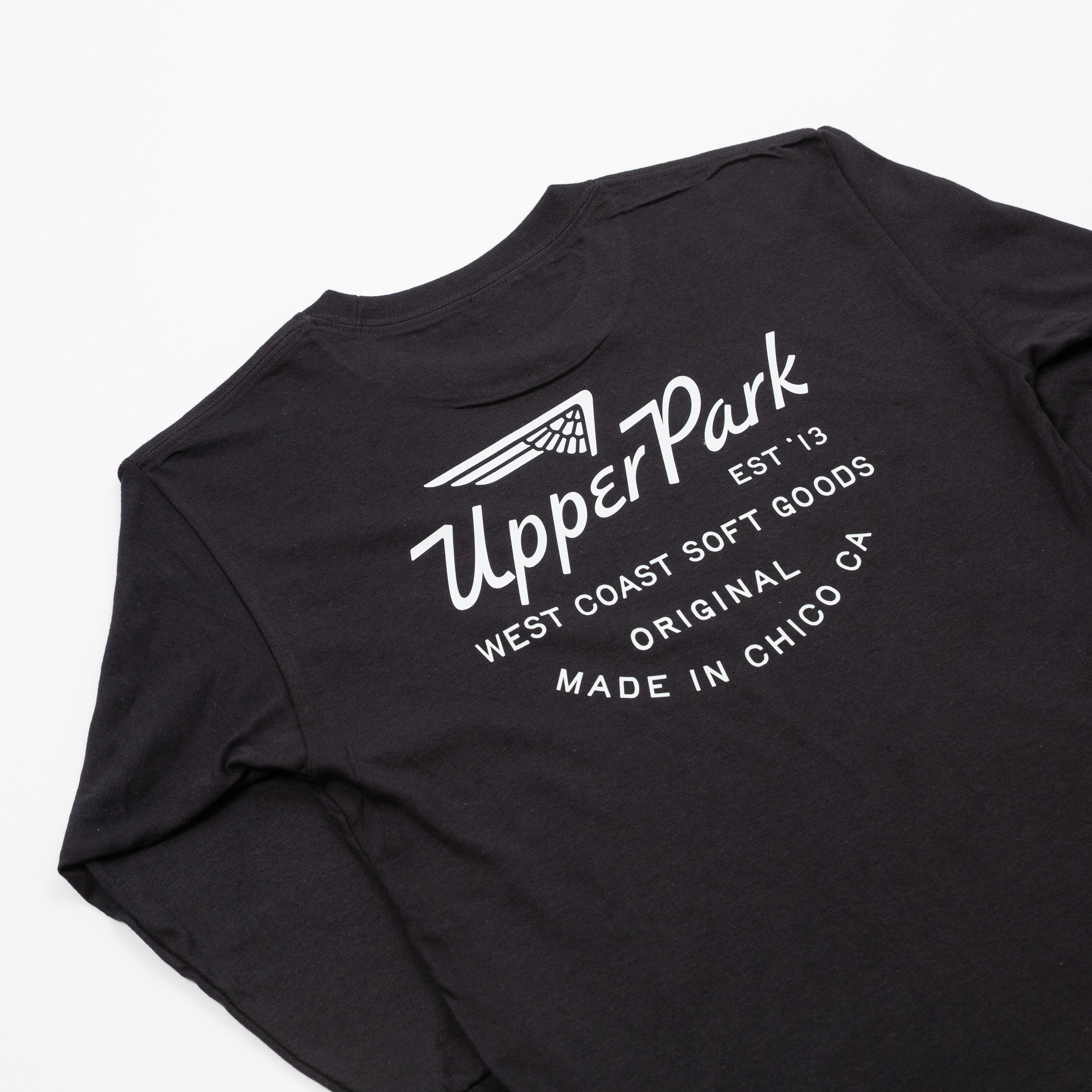 Black long sleeve t-shirt with white Upper Park and logo on a light gray background