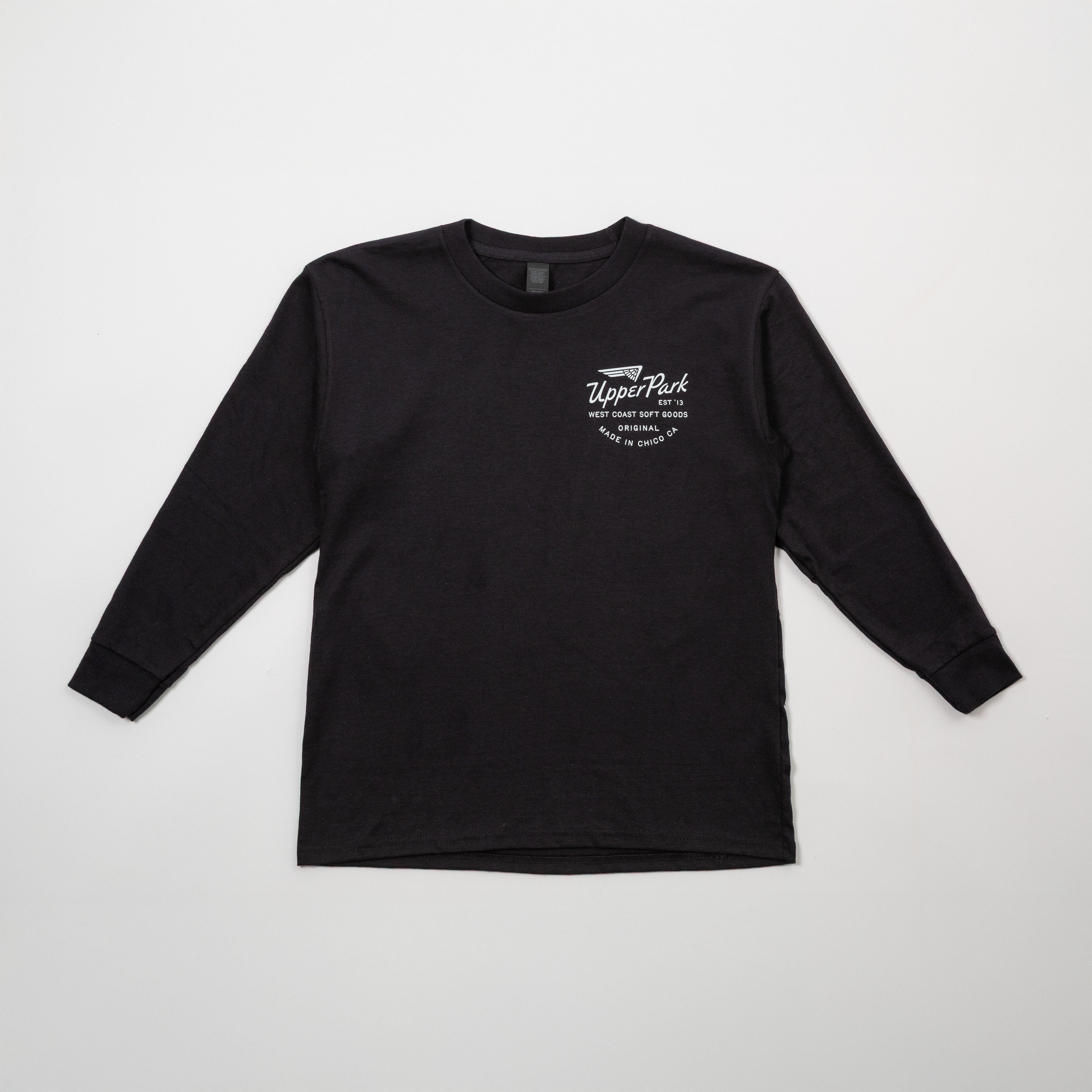 Black long-sleeve shirt with an Upper Park graphic on a white background