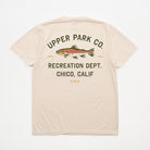 A beige short-sleeve t-shirt shown from the back, featuring a graphic print of a rainbow trout with the text 'UPPER PARK CO. RECREATION DEPT.