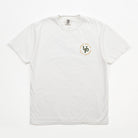A white short-sleeve crewneck t-shirt with a small circular chest graphic on the left side. The graphic features a green stylized 'LS' monogram with the words 'LIFE IS SHORT' and 'MAKE IT LONG' in orange around it.