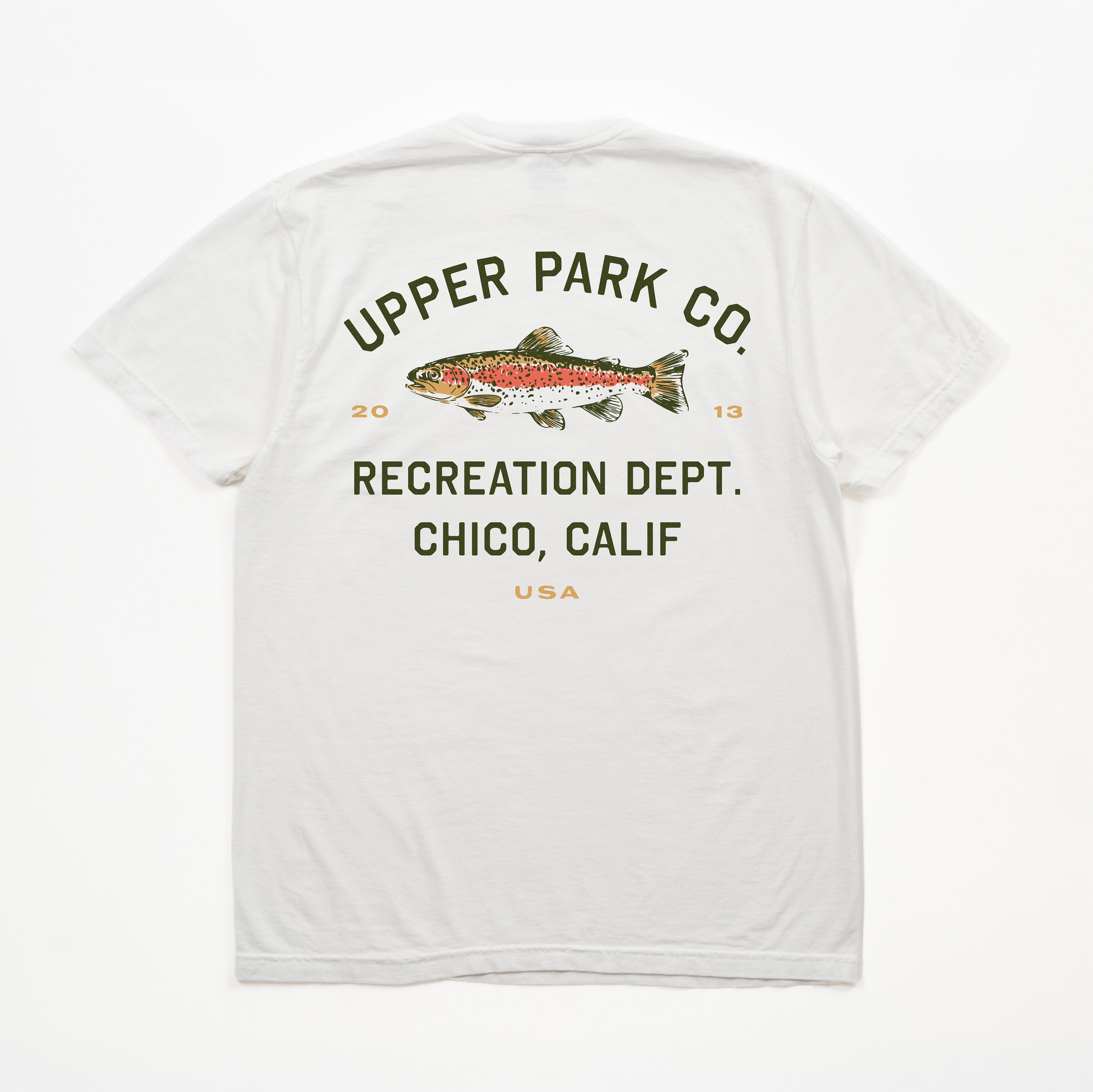 A white short-sleeve t-shirt shown from the back, featuring a graphic print of a rainbow trout with the text 'UPPER PARK CO. RECREATION DEPT.