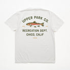 A white short-sleeve t-shirt shown from the back, featuring a graphic print of a rainbow trout with the text 'UPPER PARK CO. RECREATION DEPT.