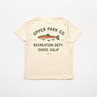 Beige t-shirt with a rainbow trout and text on a white background - Recreation Dept. Upper Park - California Landmark Co.