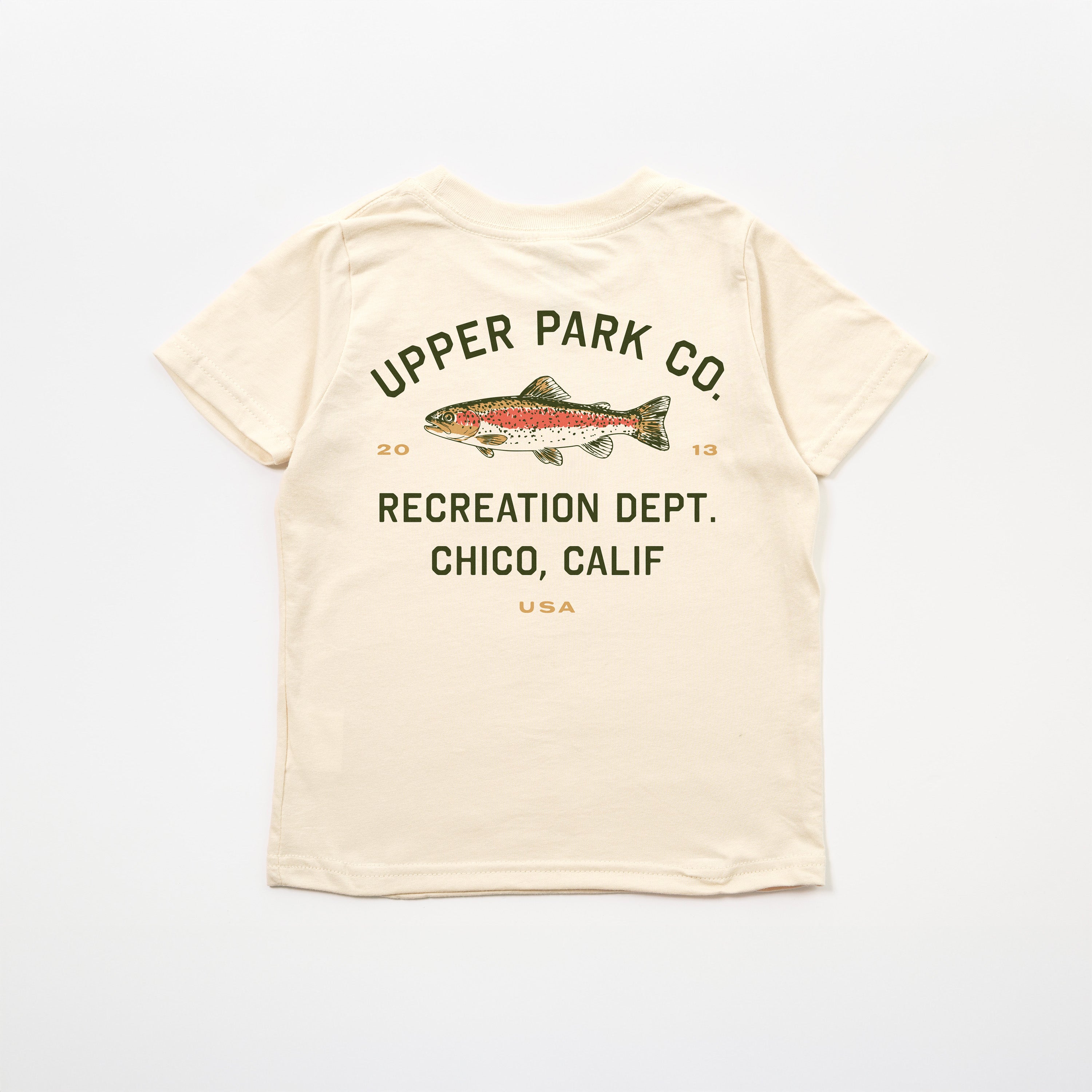 Beige t-shirt with a rainbow trout and text on a white background - Recreation Dept. Upper Park - California Landmark Co.