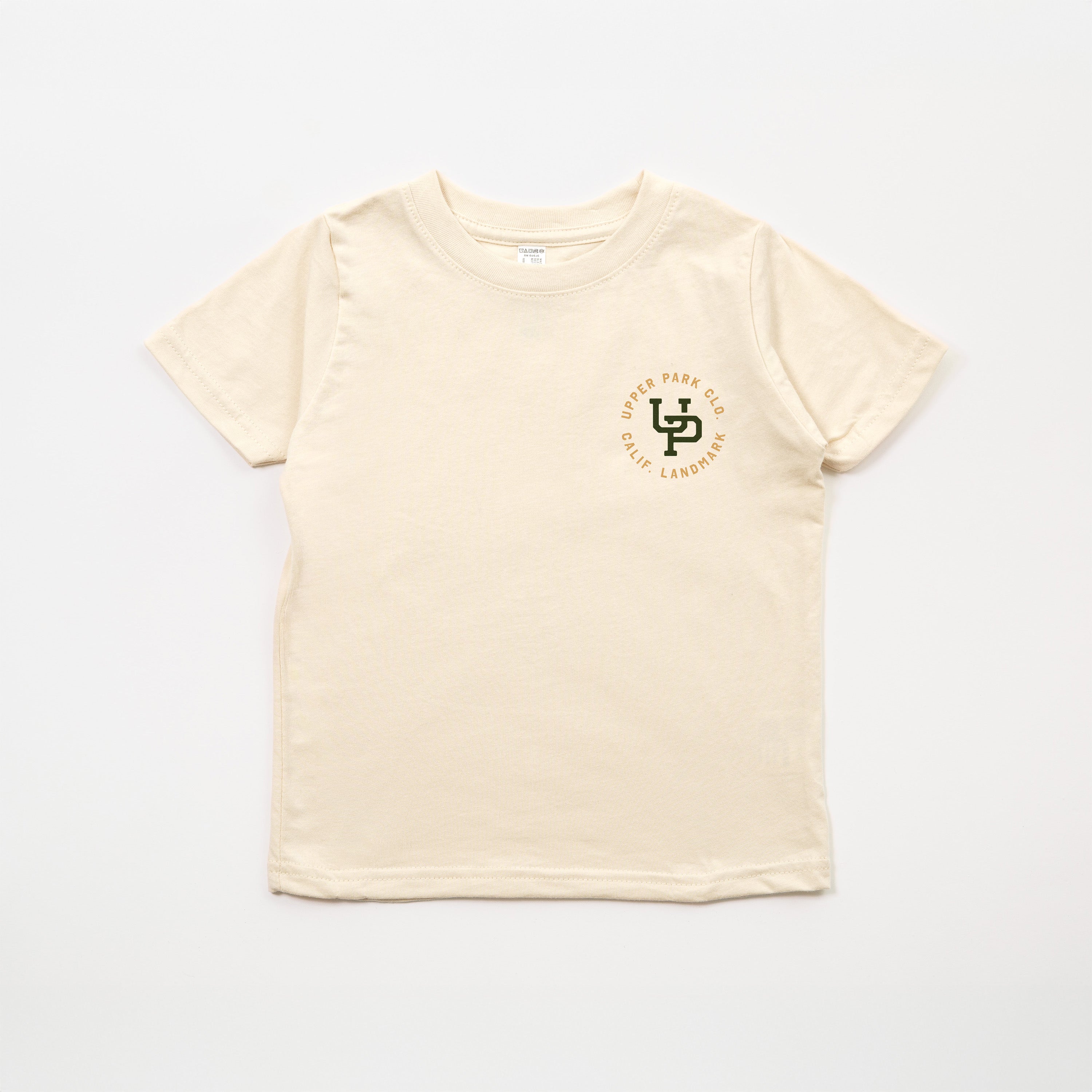 Beige t-shirt with a logo on a white background  - Recreation Dept. Upper Park - California Landmark Co.