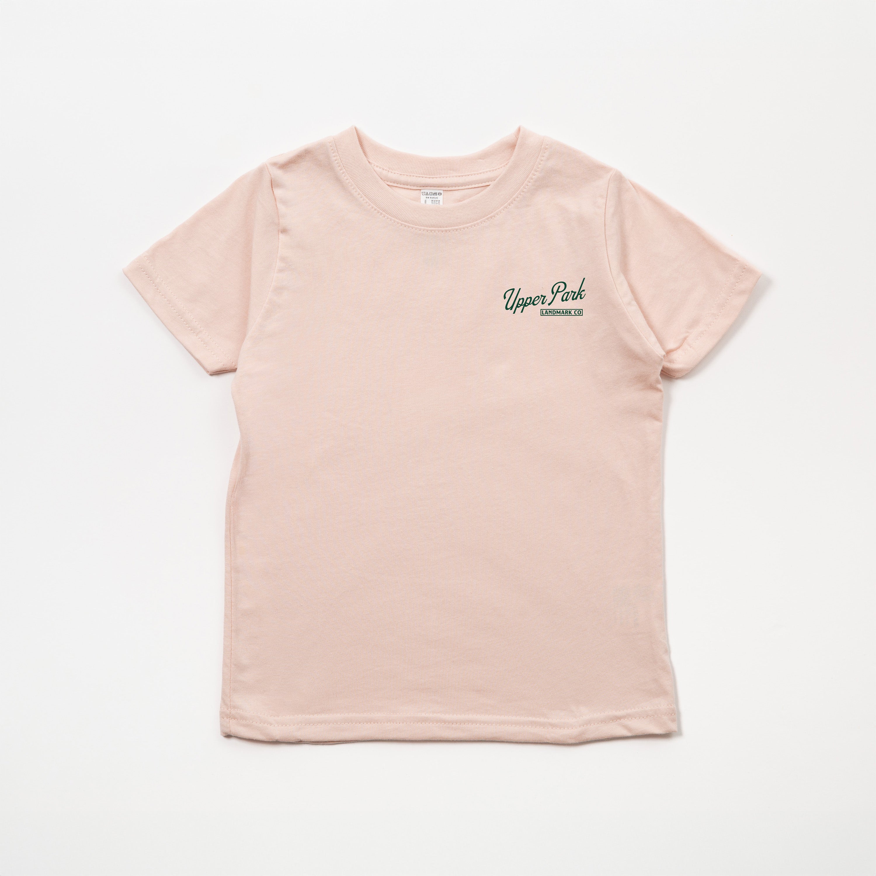 Pink t-shirt with 'Upper Park' text on a white background