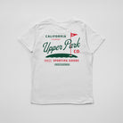 White t-shirt with 'California Upper Park Co.' text and graphics on a light gray background