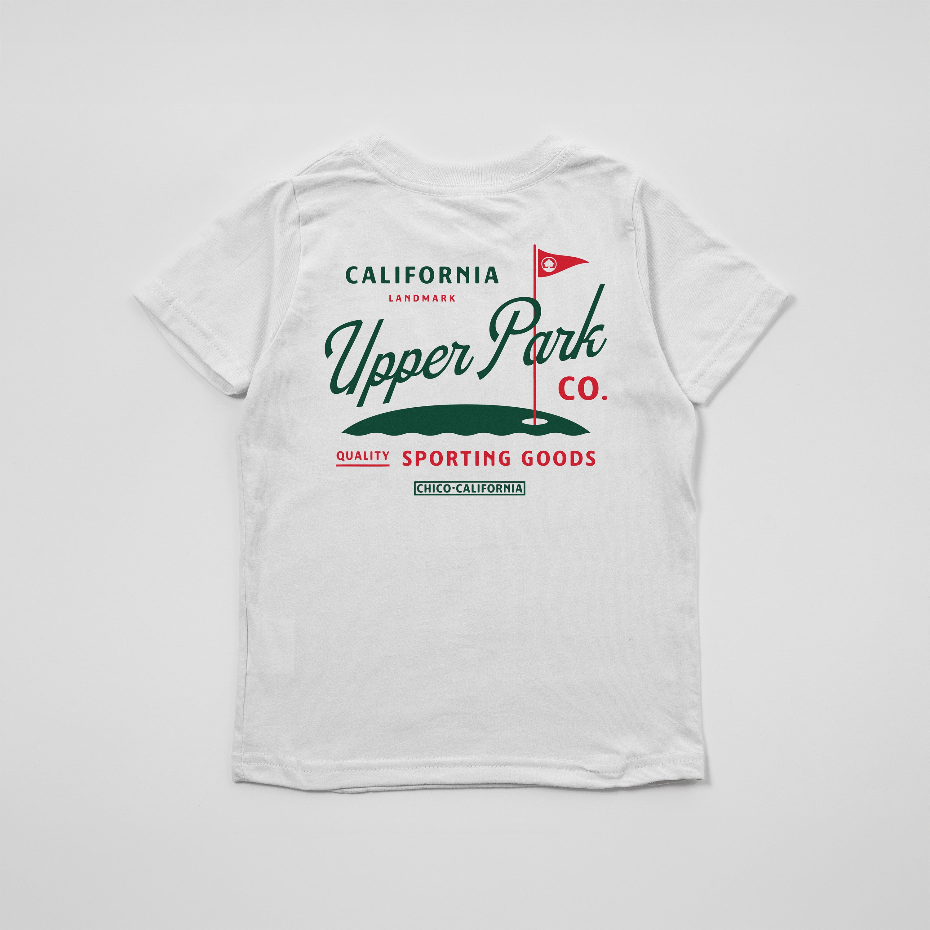 White t-shirt with 'California Upper Park Co.' text and graphics on a light gray background
