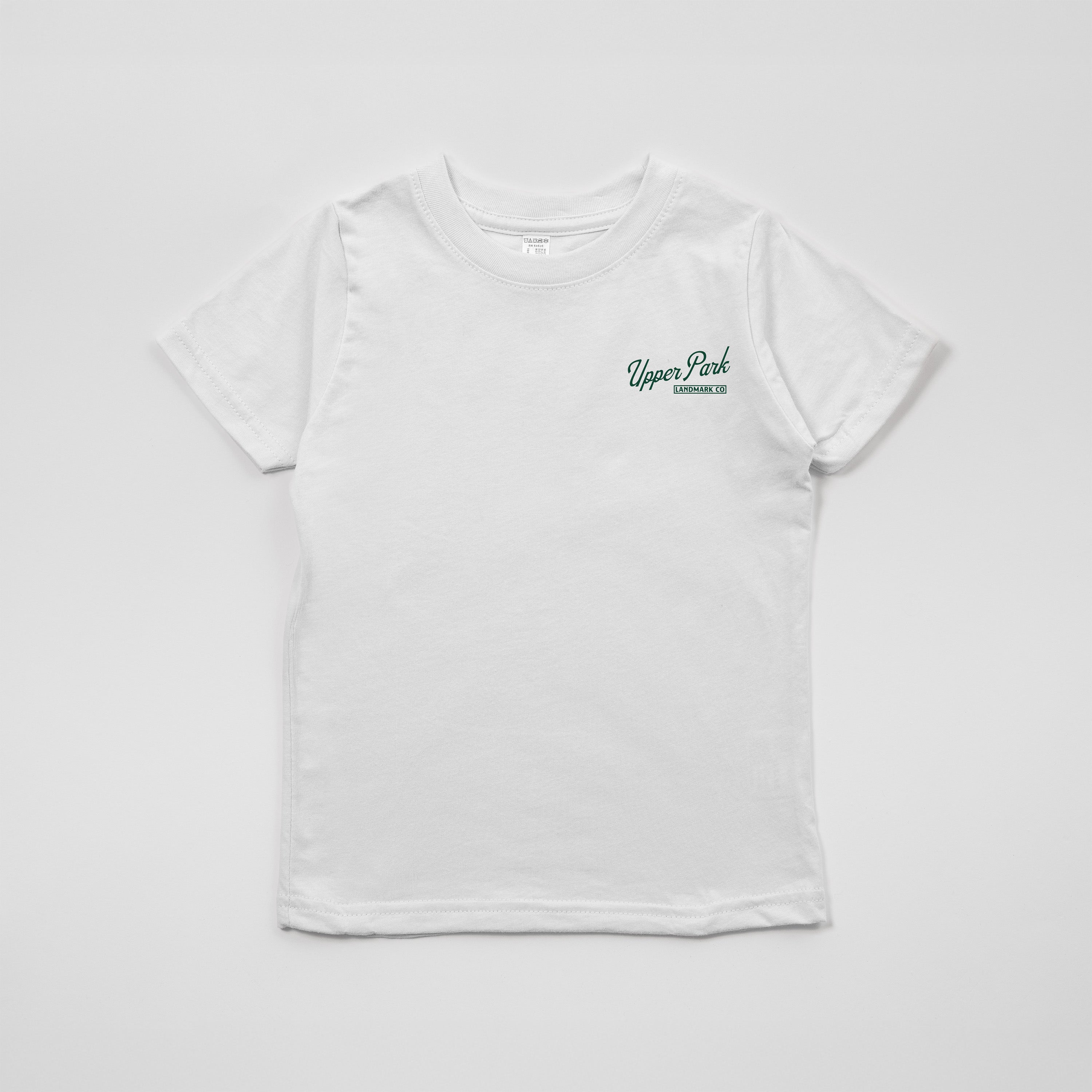 White t-shirt with 'Upper Park' logo on a light gray background