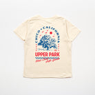 Beige t-shirt with graphic design on a white background