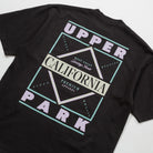 Black t-shirt with 'Upper California Park' graphic design on a white background