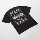 Black t-shirt with 'Upper California Park' graphic design on a white background