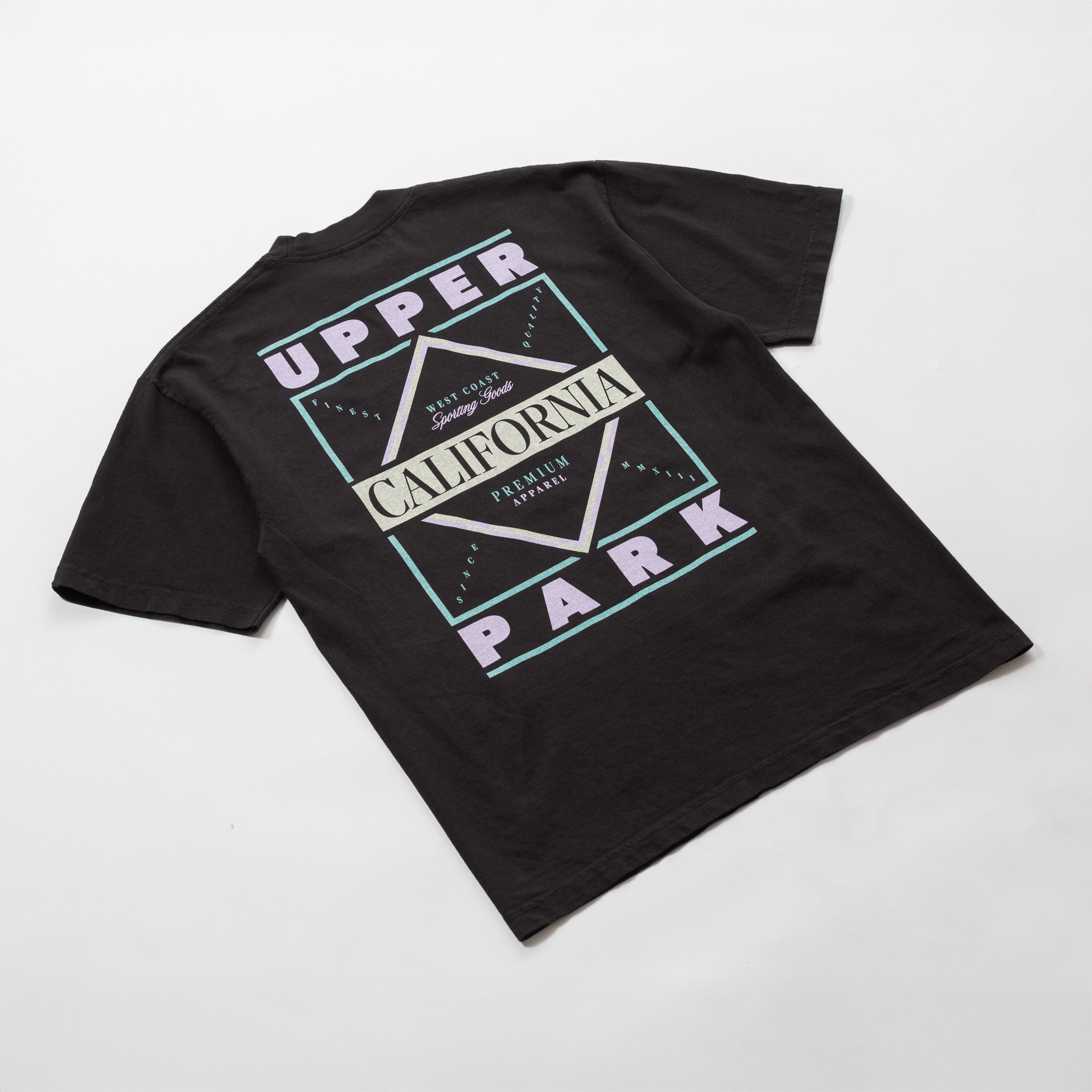 Black t-shirt with 'Upper California Park' graphic design on a white background