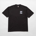 Black t-shirt with a small logo on a white background