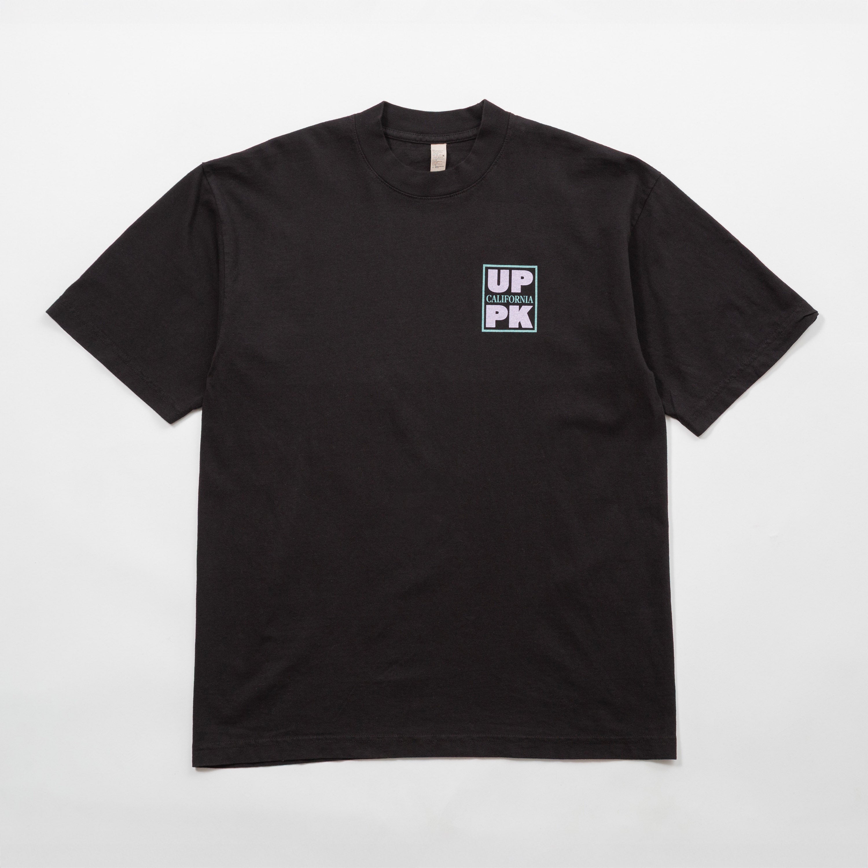 Black t-shirt with a small logo on a white background