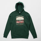 Green hoodie with graphic design on a white background - Upper Park Horseshoe Lake Sunset Hoodie