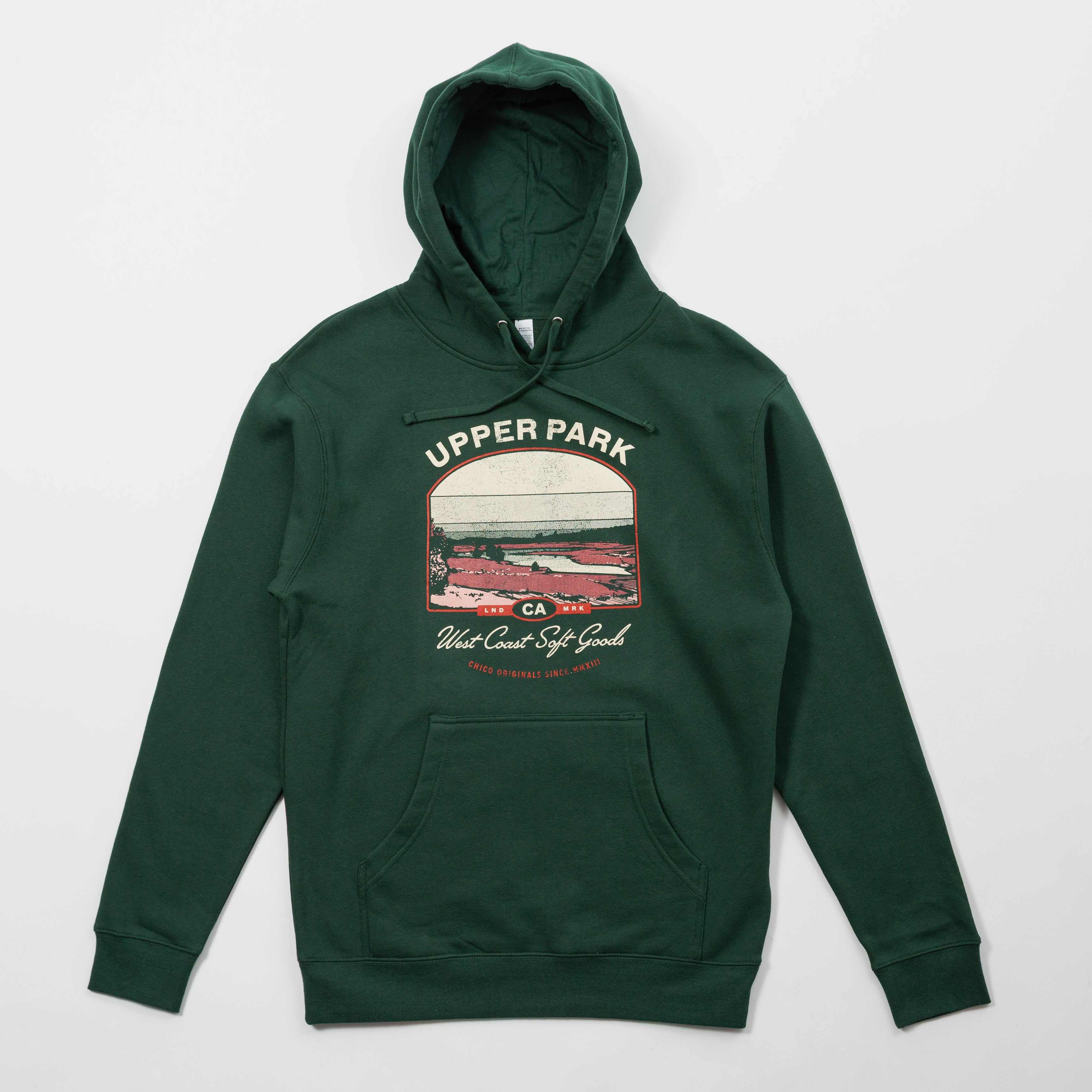 Green hoodie with graphic design on a white background - Upper Park Horseshoe Lake Sunset Hoodie