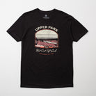 Black t-shirt with graphic design on a white background - Upper Park Horseshoe Lake Sunset Shirt