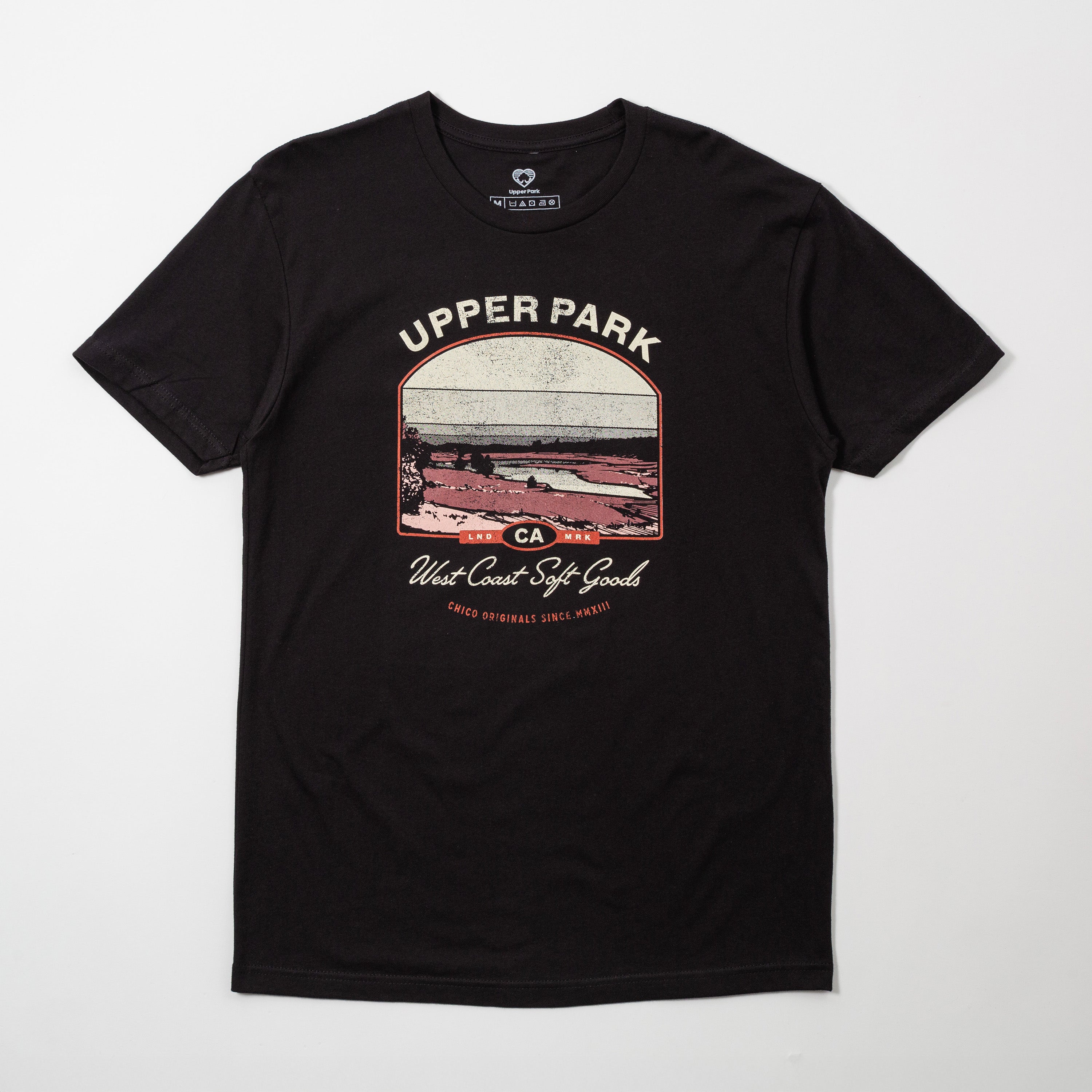 Black t-shirt with graphic design on a white background - Upper Park Horseshoe Lake Sunset Shirt