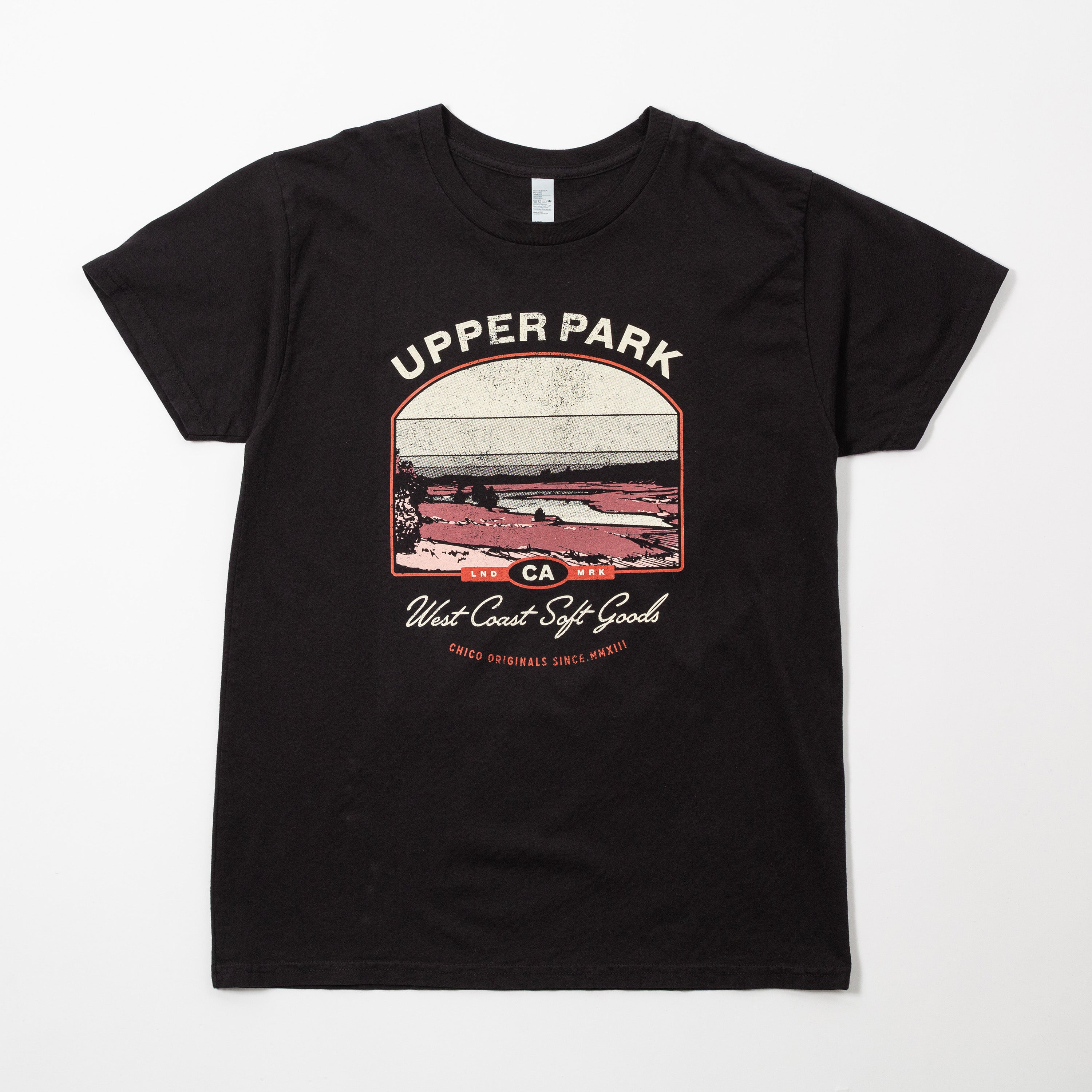 Black t-shirt with graphic design and text on a white background - Upper Park Horseshoe Lake Sunset Shirt