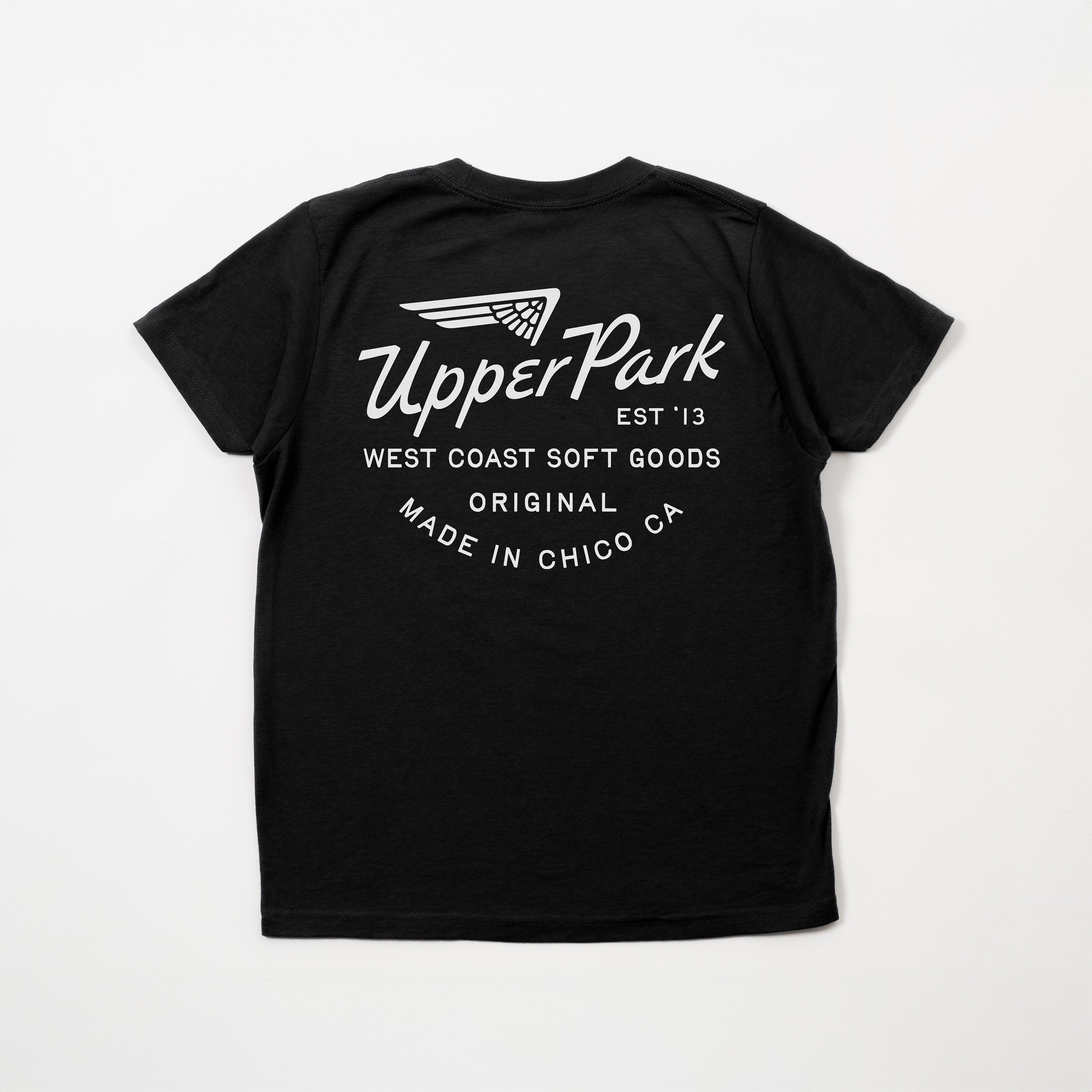 Black t-shirt with white text and logo on a white background - Upper Park Youth Tee