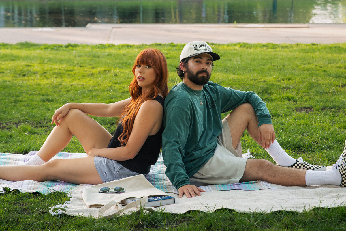 Two people sitting on a blanket in a park by a lake