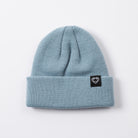 Blue beanie with a logo on a white background