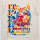 Upper Park Varsity Rose Football Tee - Beige t-shirt with colorful graphic design featuring text and sports-themed elements.