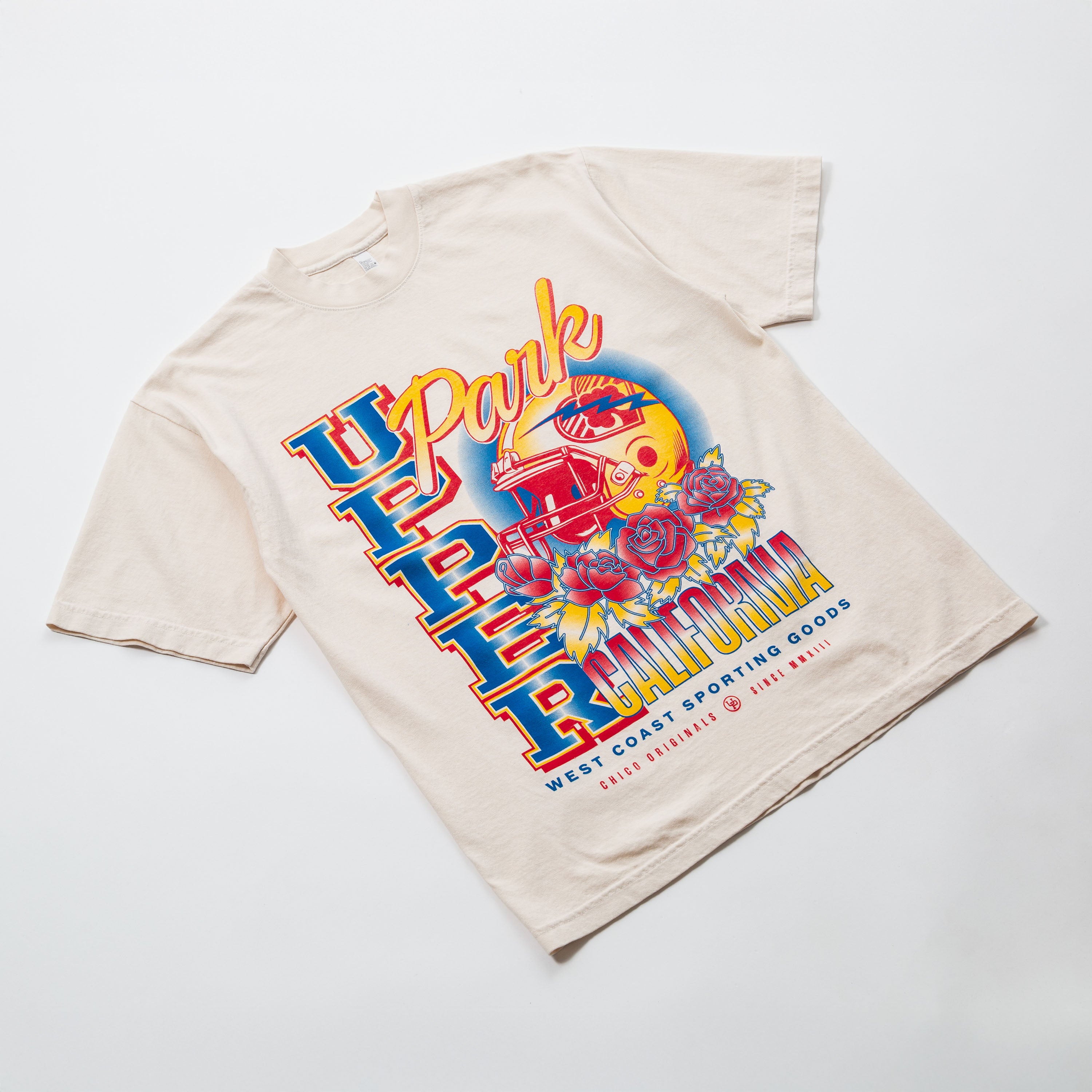 Upper Park Varsity Rose Football Tee - Beige t-shirt with colorful graphic design on a white background